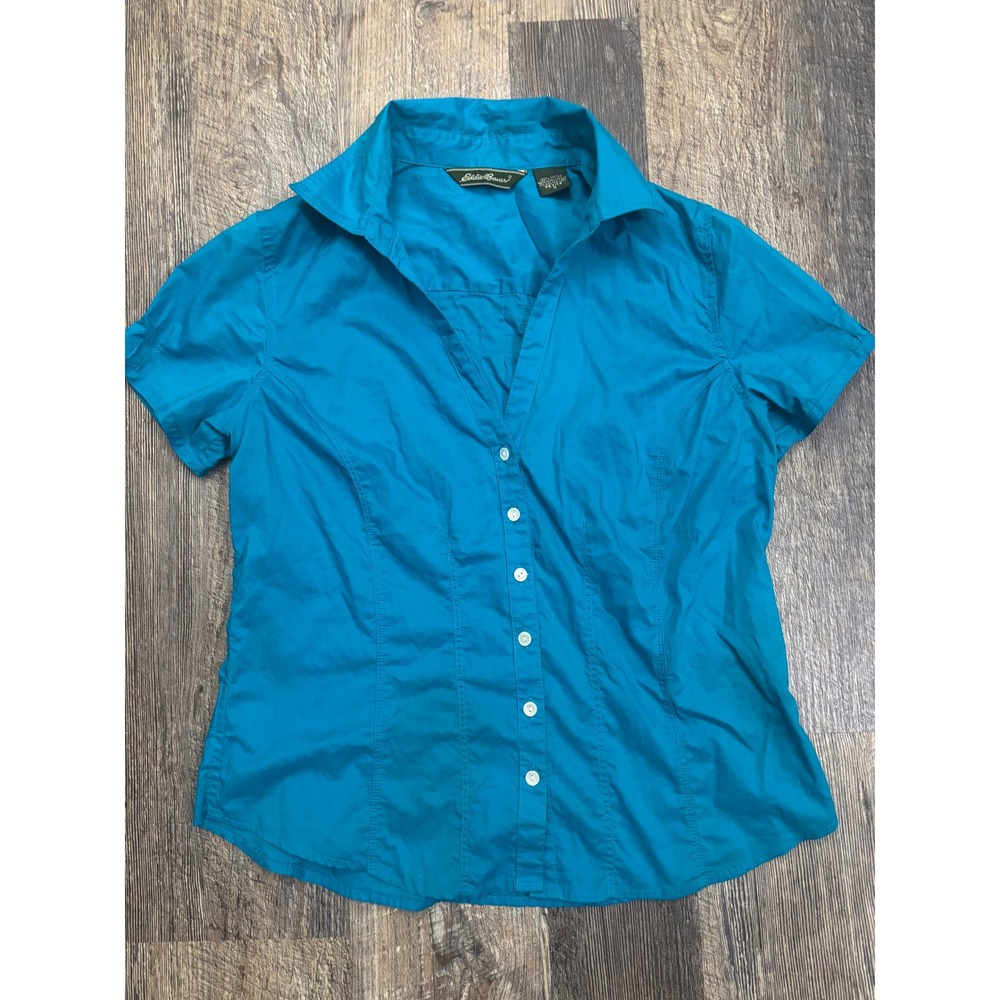 Eddie Bauer Womens Petite Small Teal‎ Blue Cotton Short Sleeve Button Down Shirt